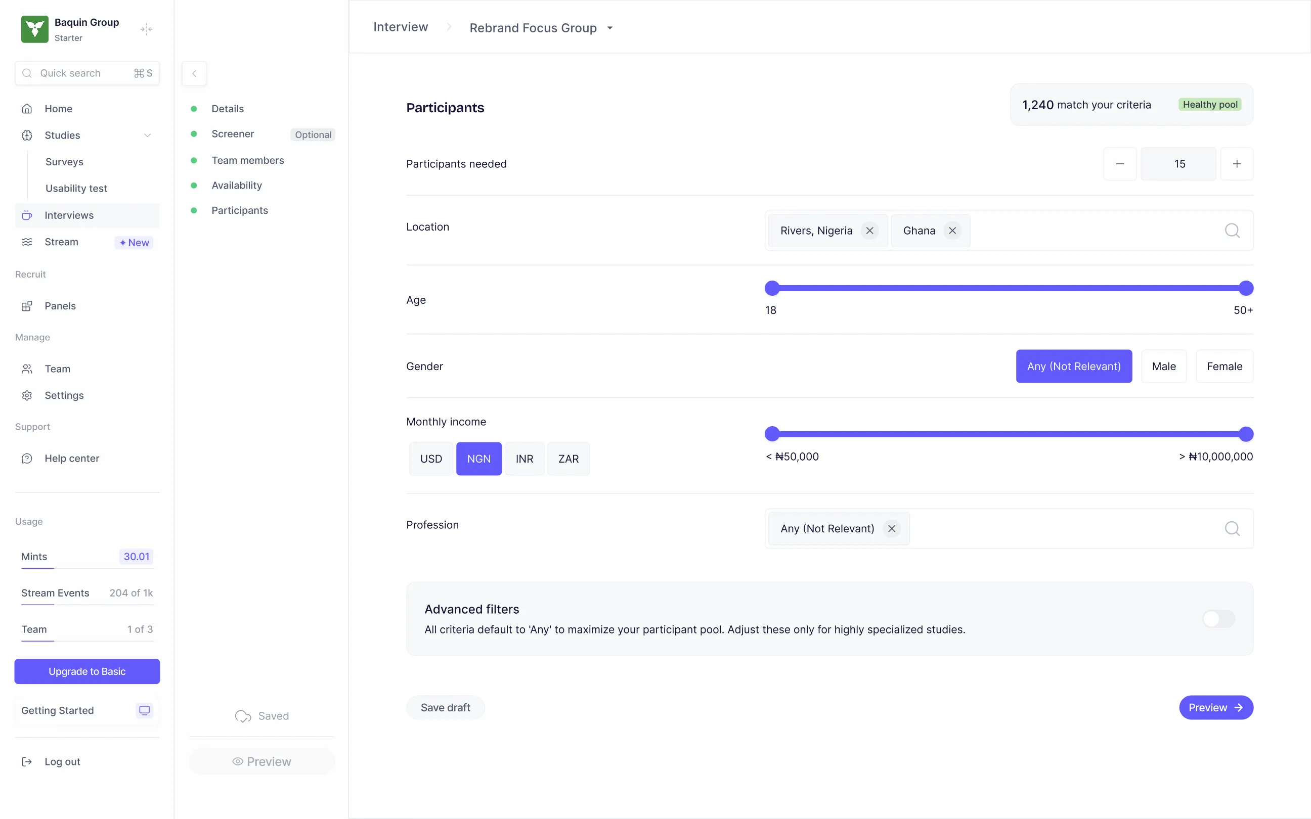 The Availability step showing date range, timezone, buffer settings, weekly time slots, and calendar preview
