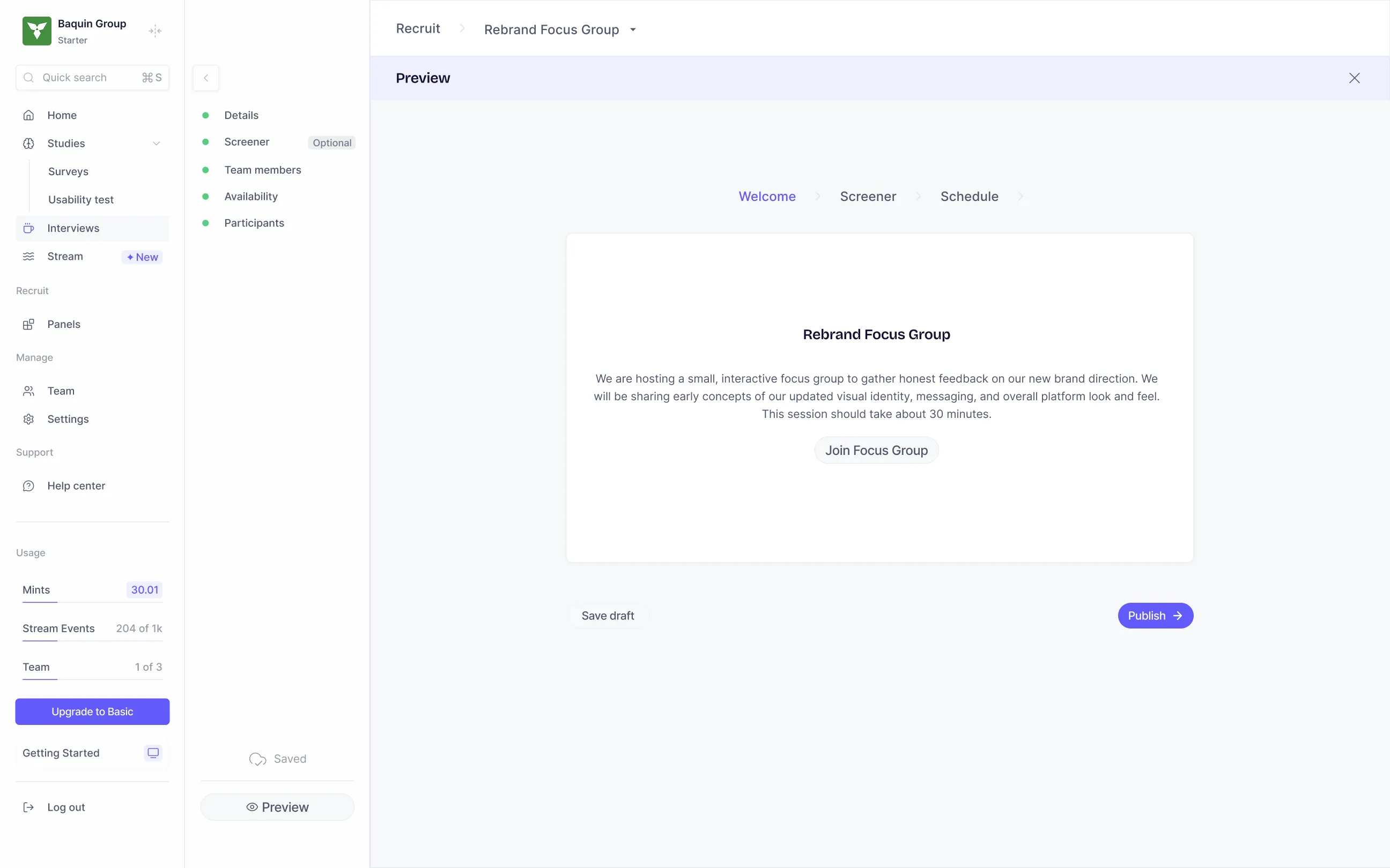 The Participants step showing targeting filters for location, age, gender, income, profession, and the Advanced filters toggle