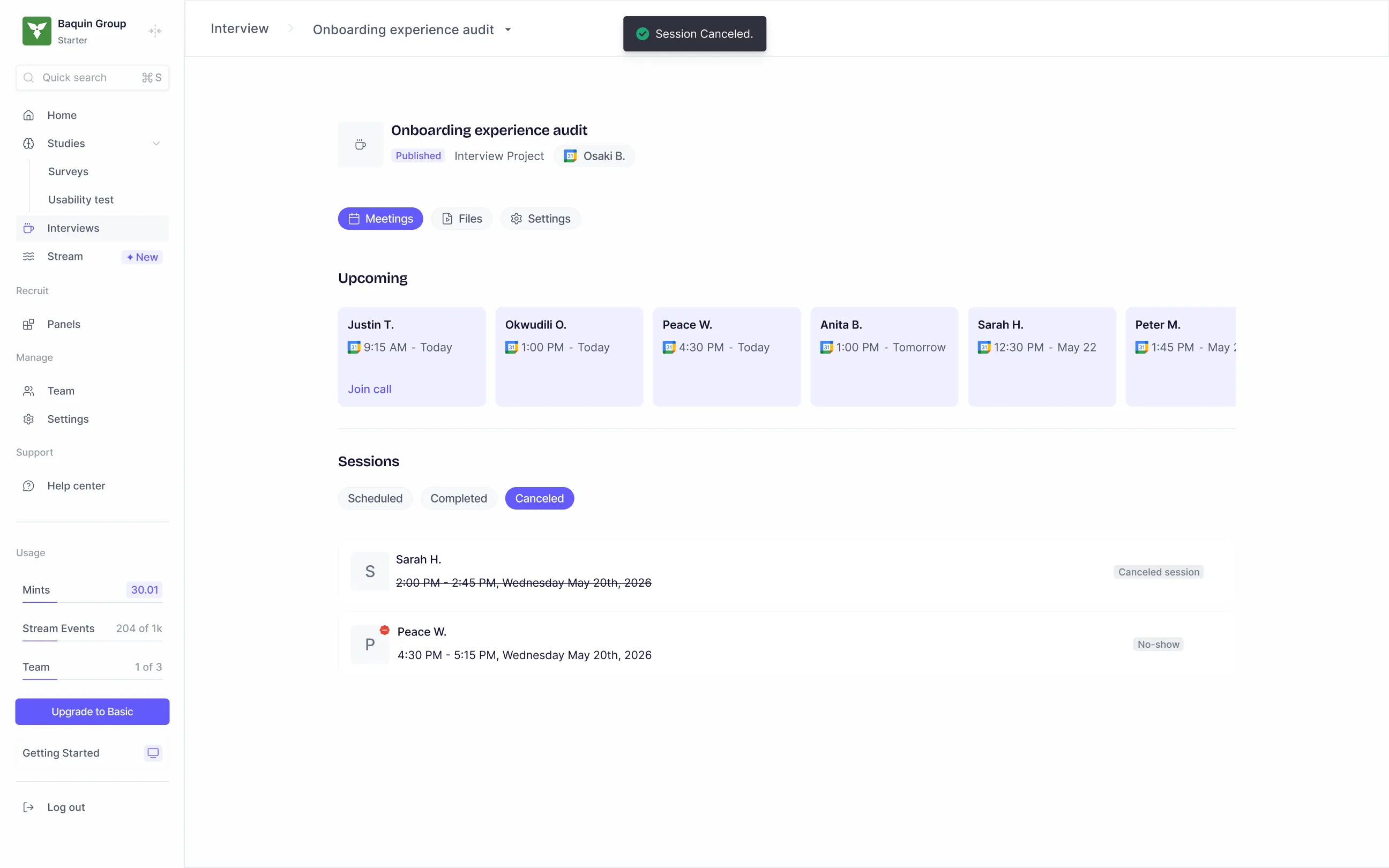 The Files tab showing the Recap panel with an AI-generated Summary and Key Insights for a completed session