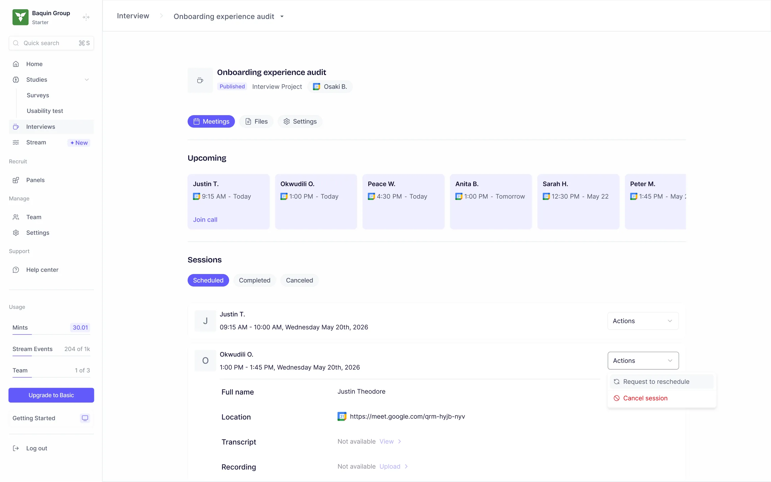The Weekly Calendar sidebar showing upcoming sessions with participant names, times, and Camera required tags