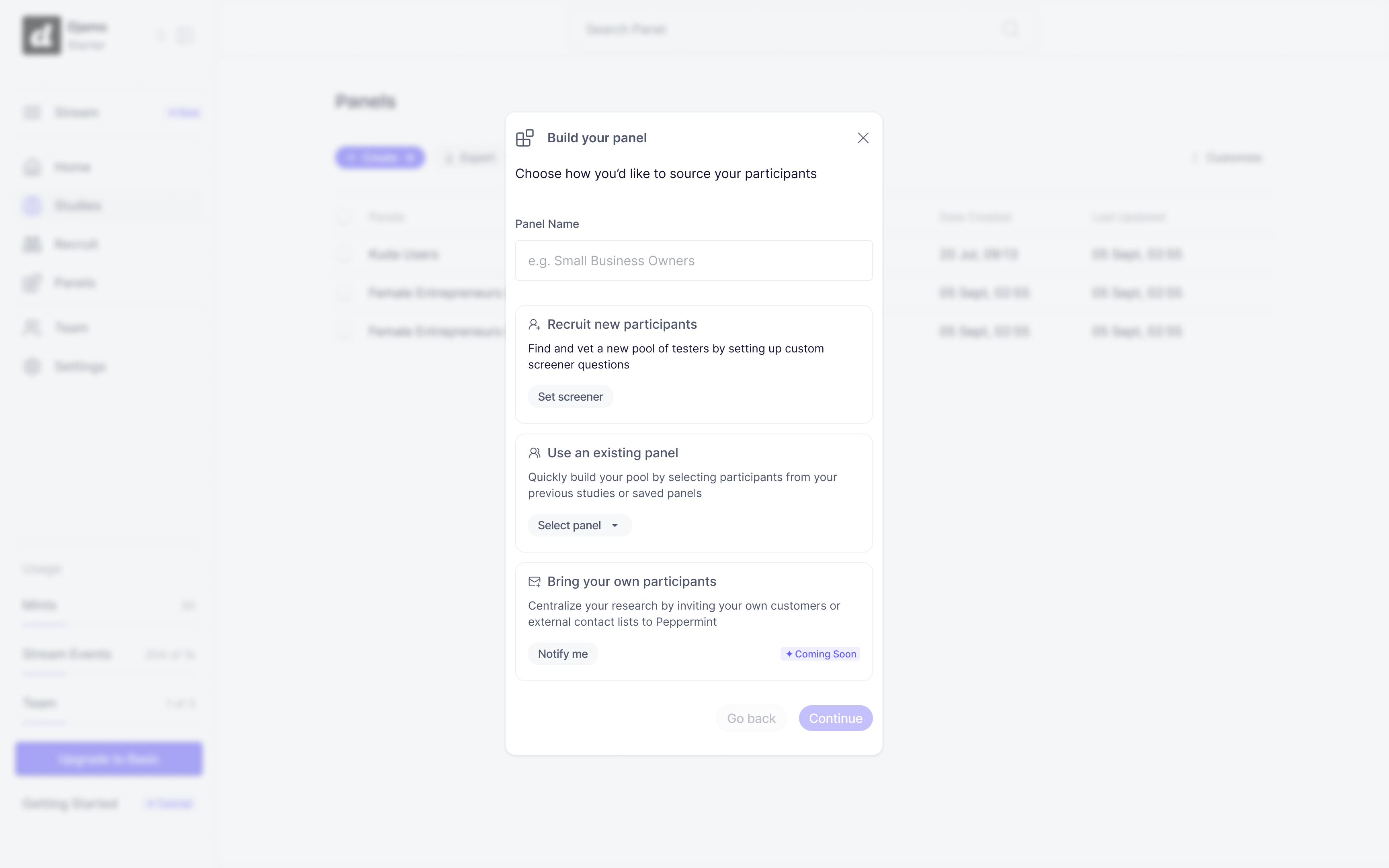 The Build your panel dialog showing the Panel Name field and the three participant sourcing options